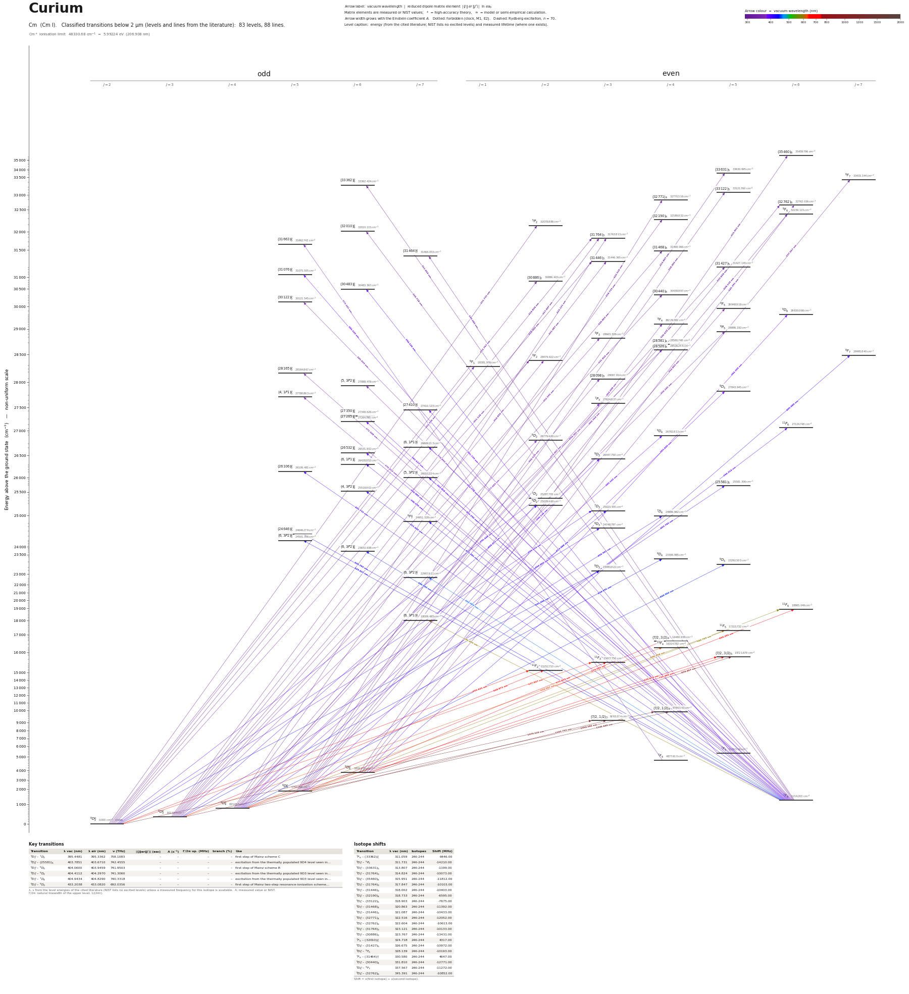 Curium energy level diagram with transition wavelengths and dipole matrix elements